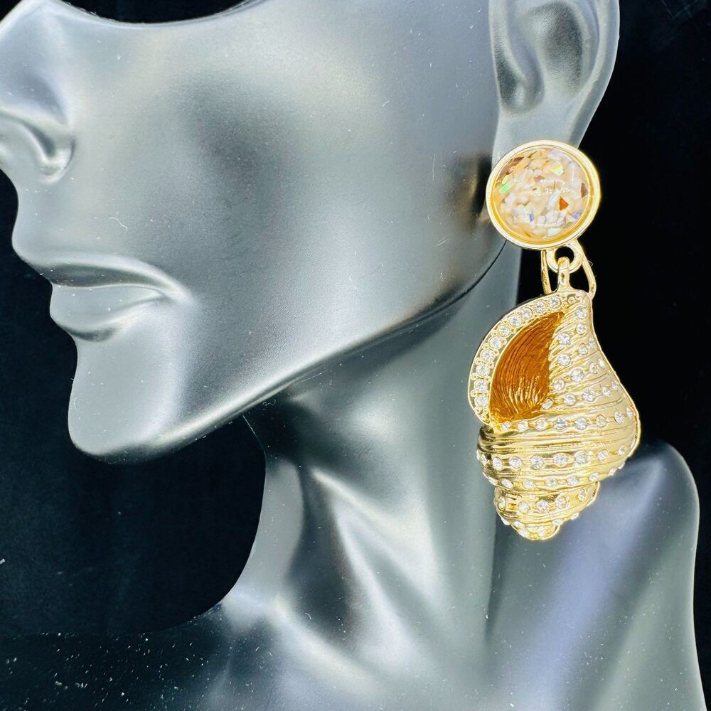 Chunky Sea Shell Colorful Opalite Accented w/ Rhinestones Earrings Gold Plated
